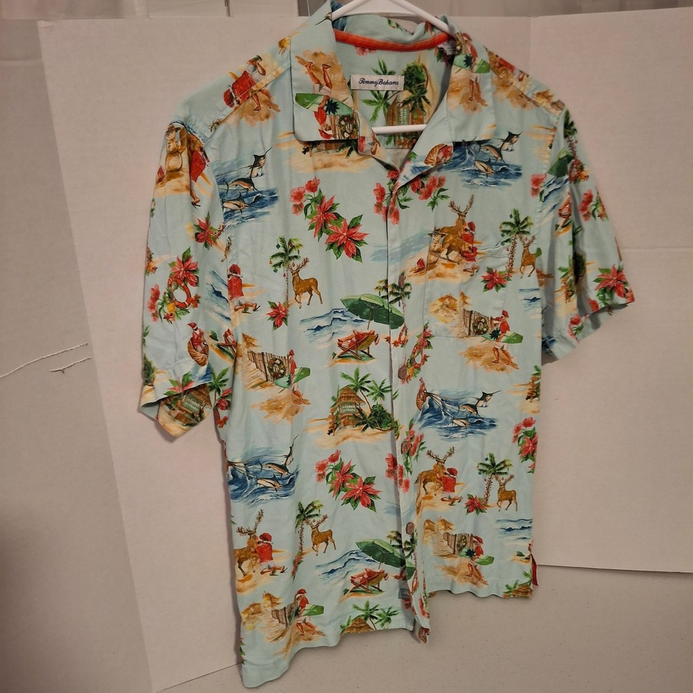 Tommy Bahama Santa Shores Silk Camp Shirt Mens Small Blue Christmas Tropical S